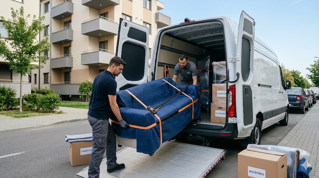 Doi muncitori încarcă mobilier protejat într-un van de mutări lângă un bloc